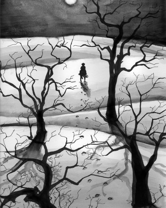 Artistic depiction of a person riding  horse across snow  at night with bare trees and a moonlit sky.